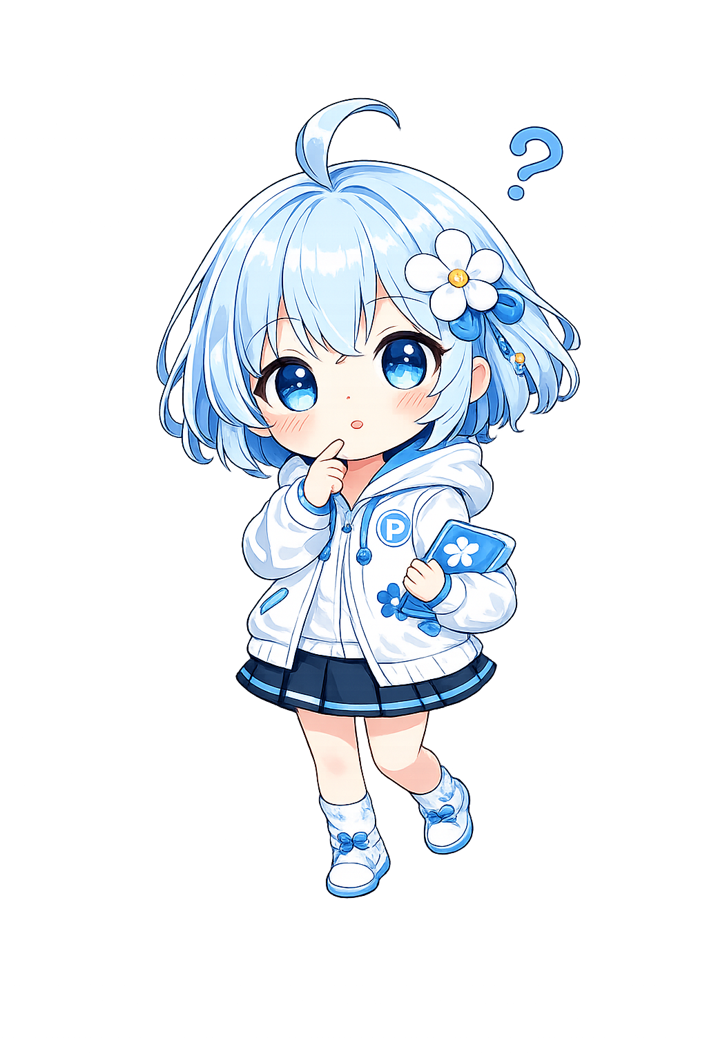 Curious chibi Pommi holding a book